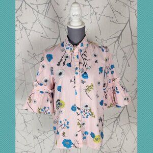 Silent Chaos Pink Floral Print Cotton Stretch Bell Sleeve Blouse